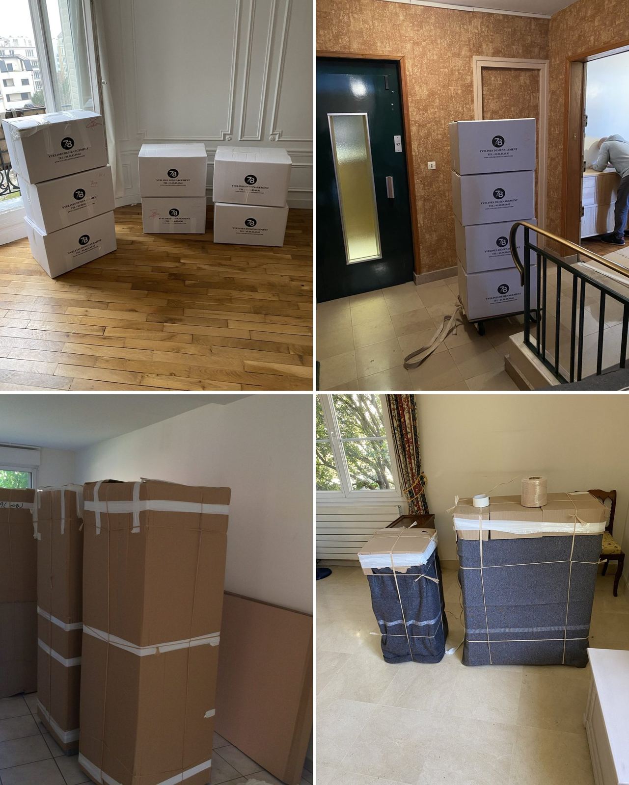 Cartons, diable, armoires emballées et meubles sous couvertures